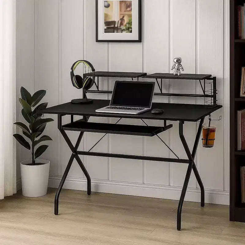 Royal Hampton Tubular Metal Frame Computer Desk with 2 Shelves and Cup Holder, Black