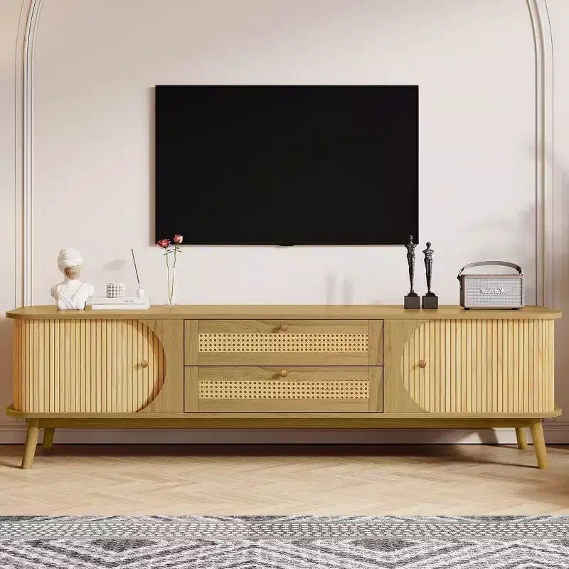 JVNOXKRattan TV Stand for TVs up to 75'', Modern Farmhouse Media Console, Entertainment Center with Solid Wood Legs, TV Cabinet for Living Room