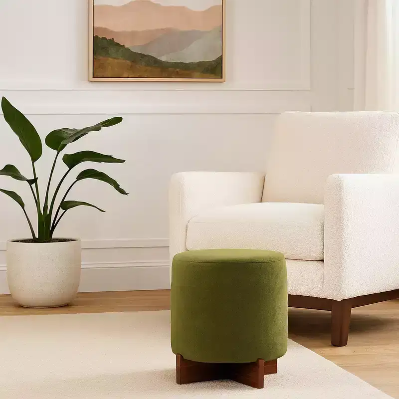 Decorative Velvet Ottoman with Wood Base for Home Decor - Modern Ottoman for Vanity Chair, Bedroom Stool, or Office Decor - 19, Green & Brown