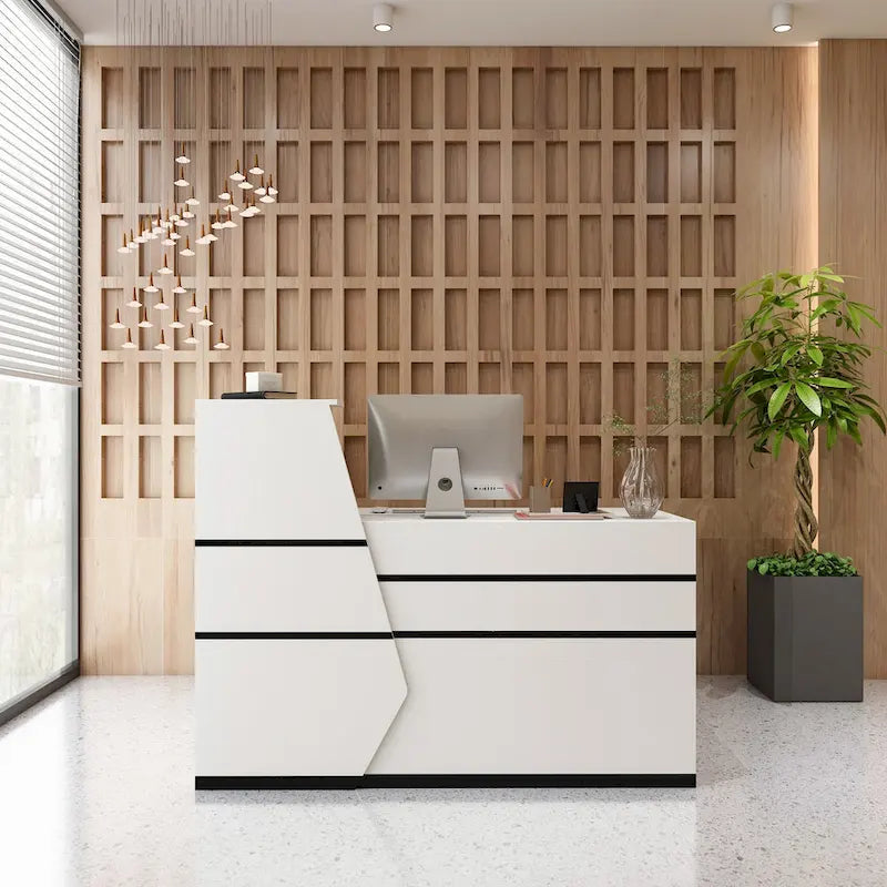 White MDF Reception Desk with Hutch, 1 Lockable Drawer, 1 Door and Keyboard Tray for 1 Person