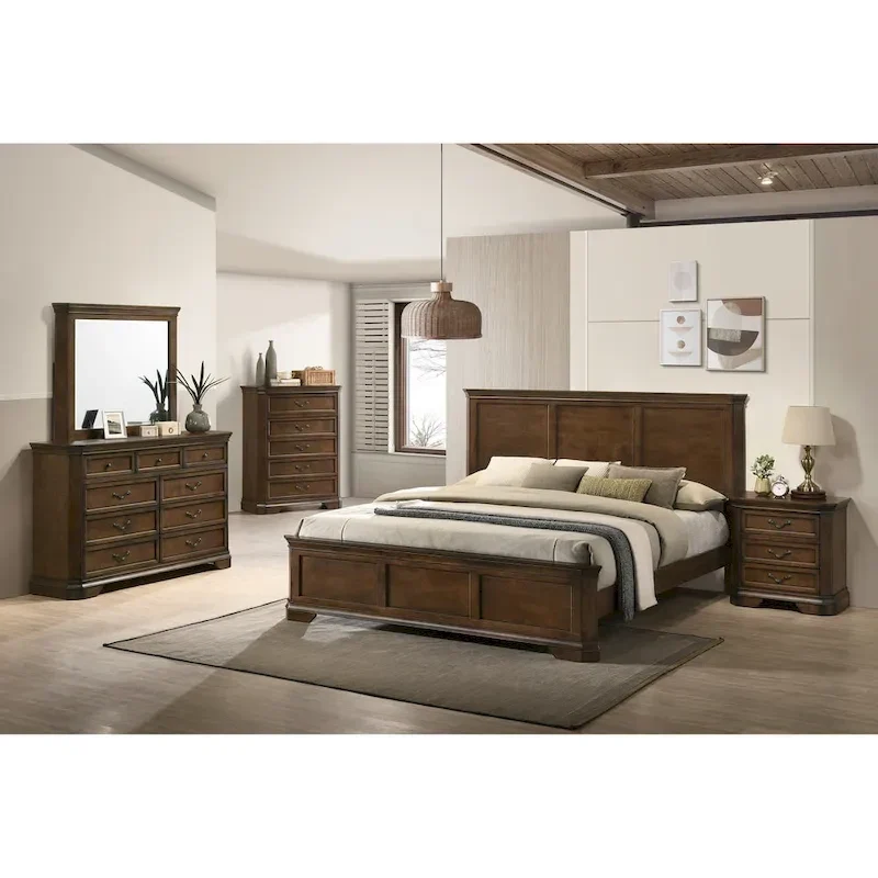 Roundhill Furniture Maderne Traditional Wood Panel Bed with Dresser, Mirror, Nightstand, Chest, Antique Walnut Finish