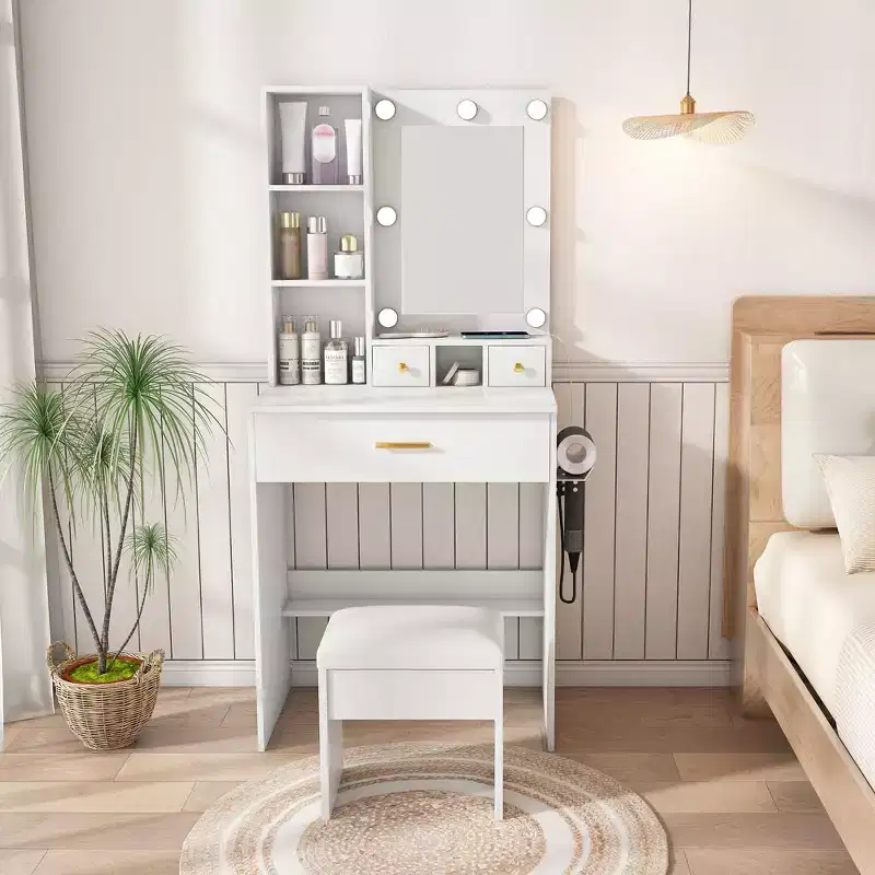 Vanity Desk with Power Outlet and Hairdryer Holder