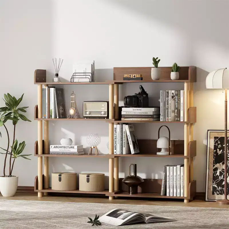 4 Tier Retractable Rotatable Bookcases, Wooden Corner Book Shelf, Storage Rack for Books, Utility Organizer Shelves for Living Room