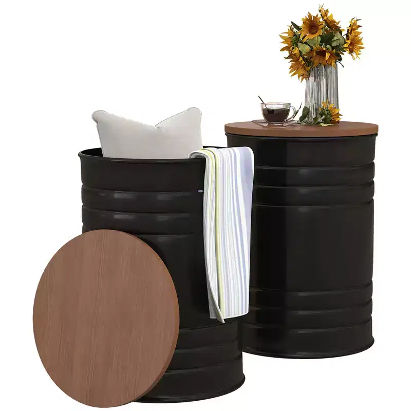 HOMCOM Storage Side Table Set of 2, End Table with Removable Wood Lid, Metal Frame & Hidden Space, Farmhouse Stool for Living Room, Black