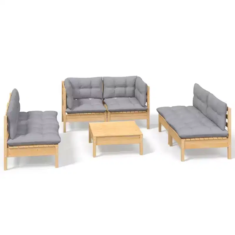 vidaXL Solid Pinewood Patio Lounge Set 7 Piece with Cushions - Brown and Gray