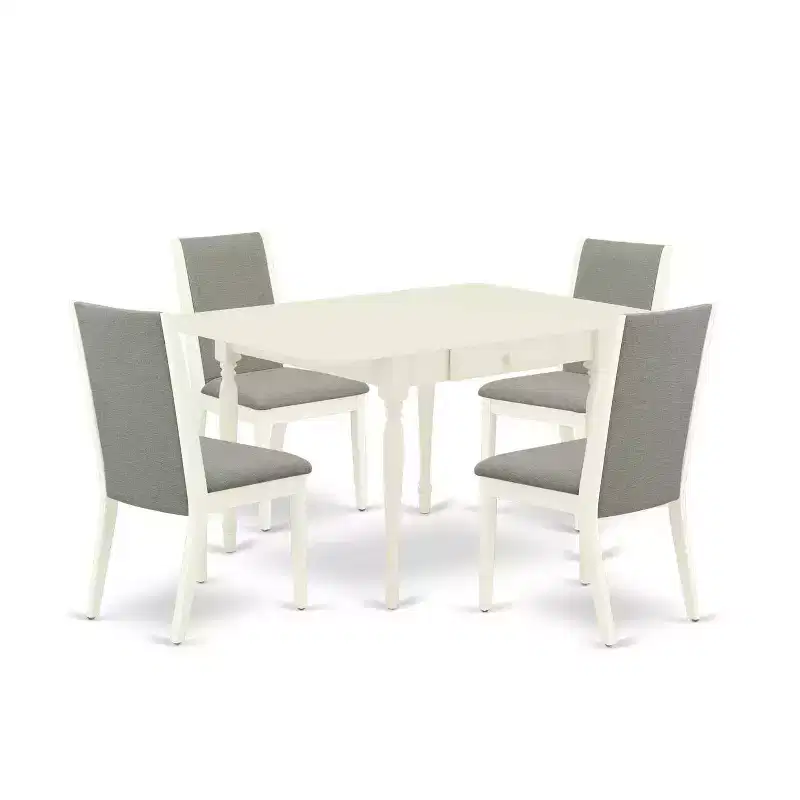 5-Piece Linen White Finish Solid Wood Top - Dining Room Set with Leaf - Seats 4