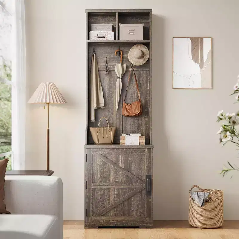 Farmhouse Narrow Coat Rack with Shoe Storage, 23.6 Small Hall Tree with Bench, 5 Hooks, 2 Cubbies & 1 Barn Door Cabinet for Entryway, Living room