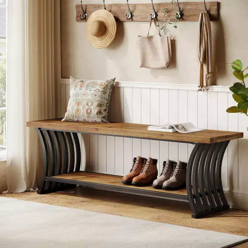 Industrial Entryway Bench with Shelf and Storage, 55 Inch Wood and Metal Shoe Bench for Bedroom, Hallway, Foyer