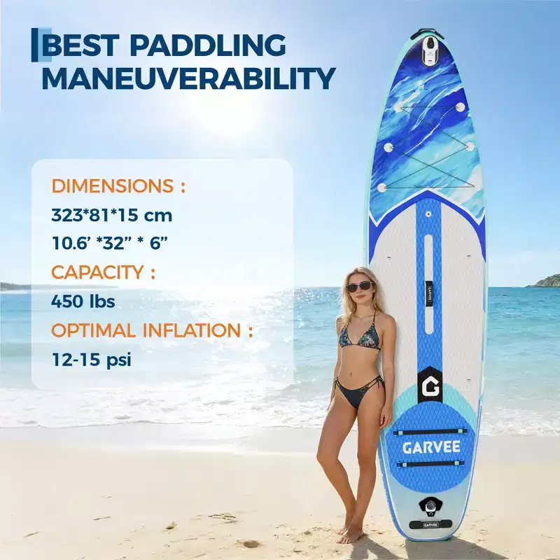 Blue Inflatable Paddle Board Complete Set 10.6ft, 32 Inch Wide with Backpack, Paddle and Pump