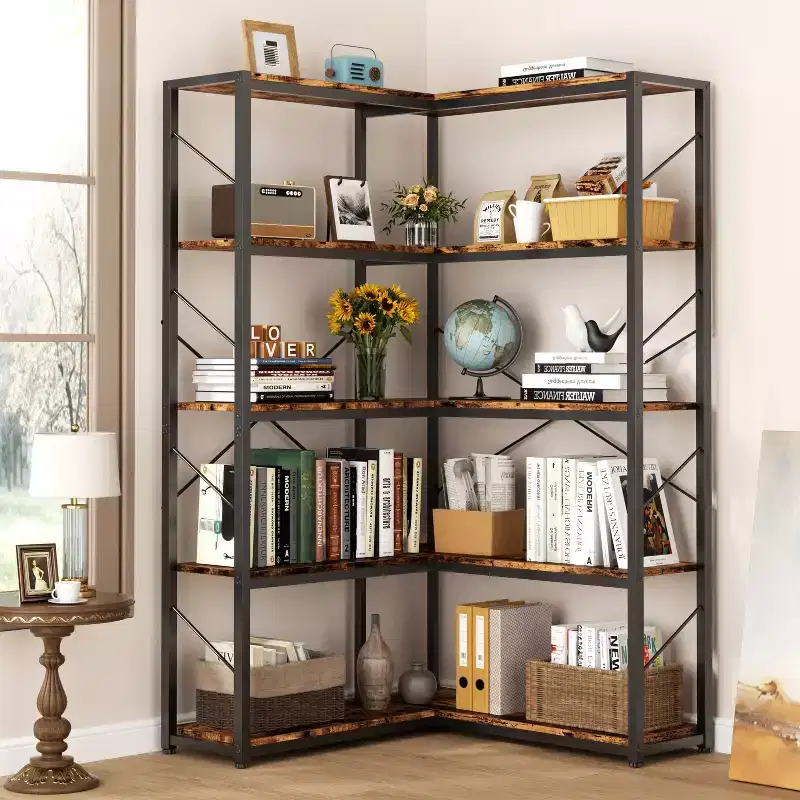 Celebalcony 5 Tier Corner Bookshelf,L Shaped Bookcase,Large Etagere Bookcase,Corner Shelf Display Storage Rack with Metal Frame for Living Room