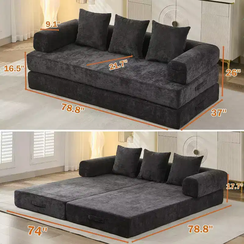 MooxvMoo 4-in-1 Convertible Sofa Bed, Floor Foldable Couch Bed with Armrests & Pillow, No Assembly Required, Comfy Memory Foam Couch, Black