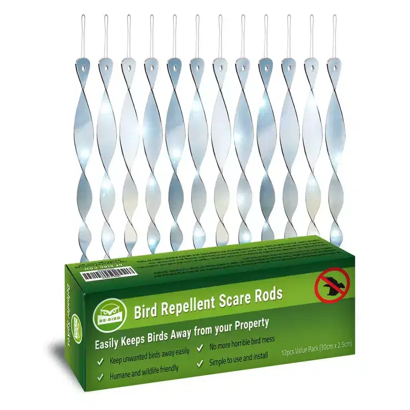 De-Bird Bird Scare Rods, Bird Deterrents for Outside, Easy-Install Bird Deterrent, Woodpecker Deterrent, 12-Pk