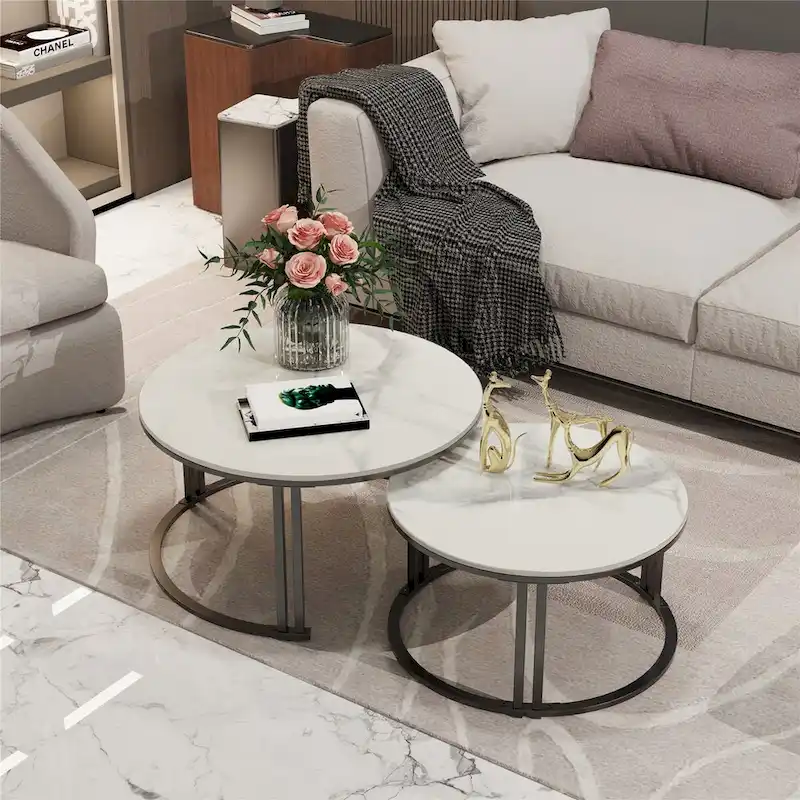 2 Pack Round Nested Coffee Table Sintered Stone-top Side Sofa Table
