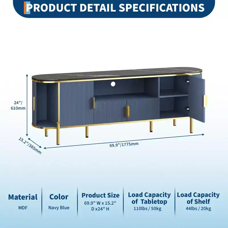 70 TV Stand with Faux Marble Top, Luxury Media Console Table with Adjustable Shelves, Curved Profile Sliding Doors