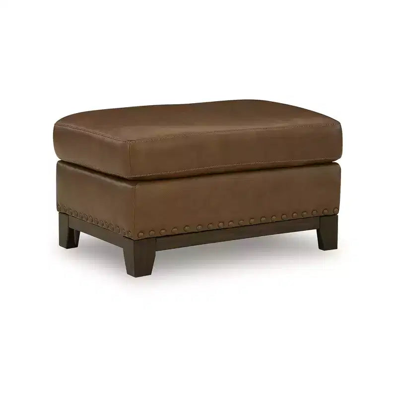 Amber Ottoman, Top Grain Leather Cushion with Nailhead Trim
