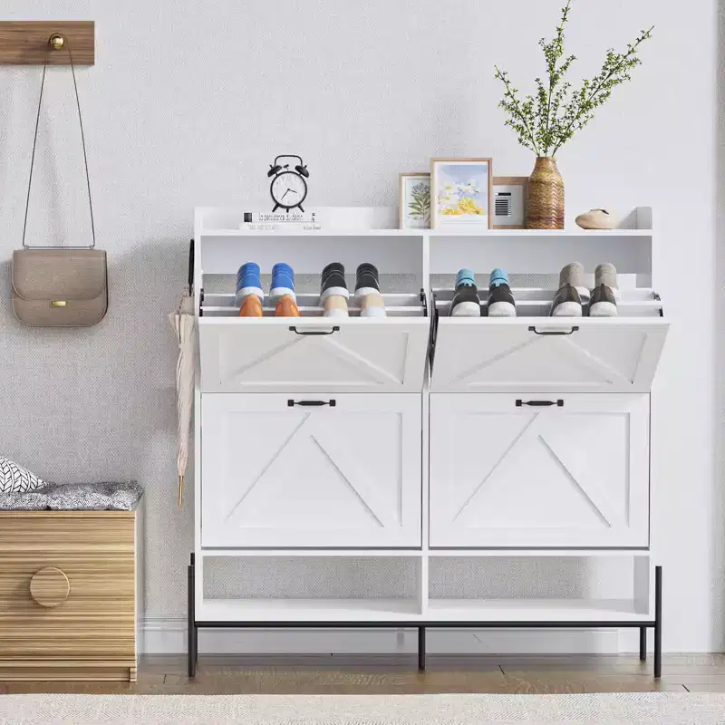 48.4" White Shoe Cabinet with 4 Flip Drawers and Metal Legs