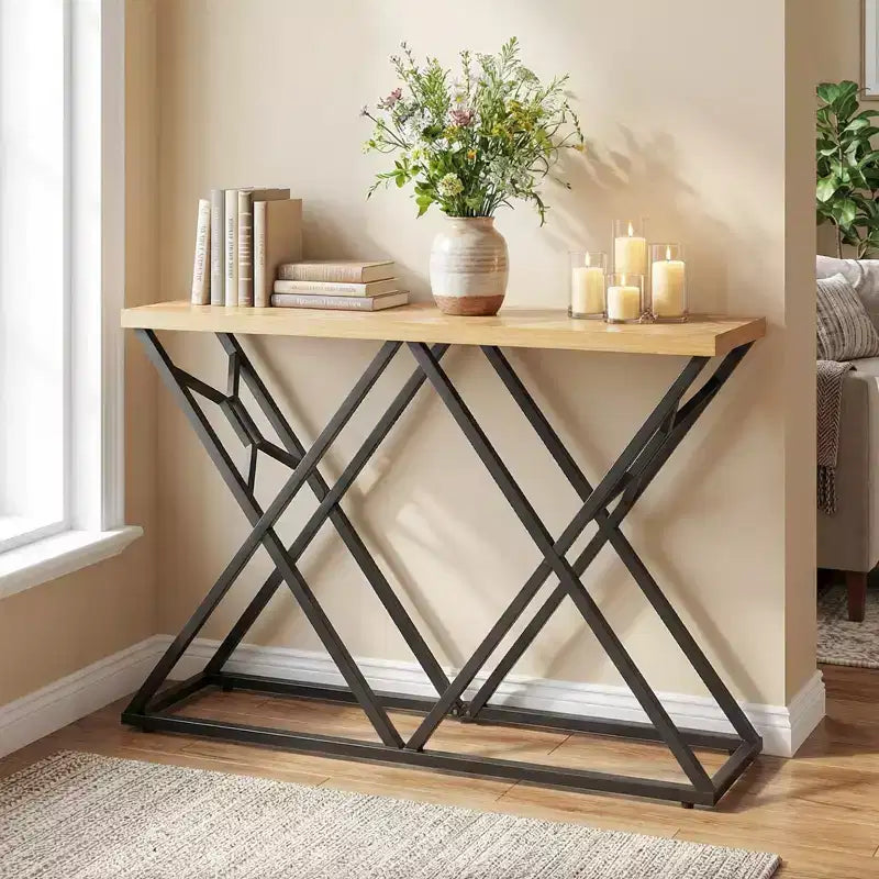 55" Industrial Console Table with Solid Metal Frame & Storage, Rustic Sofa Table