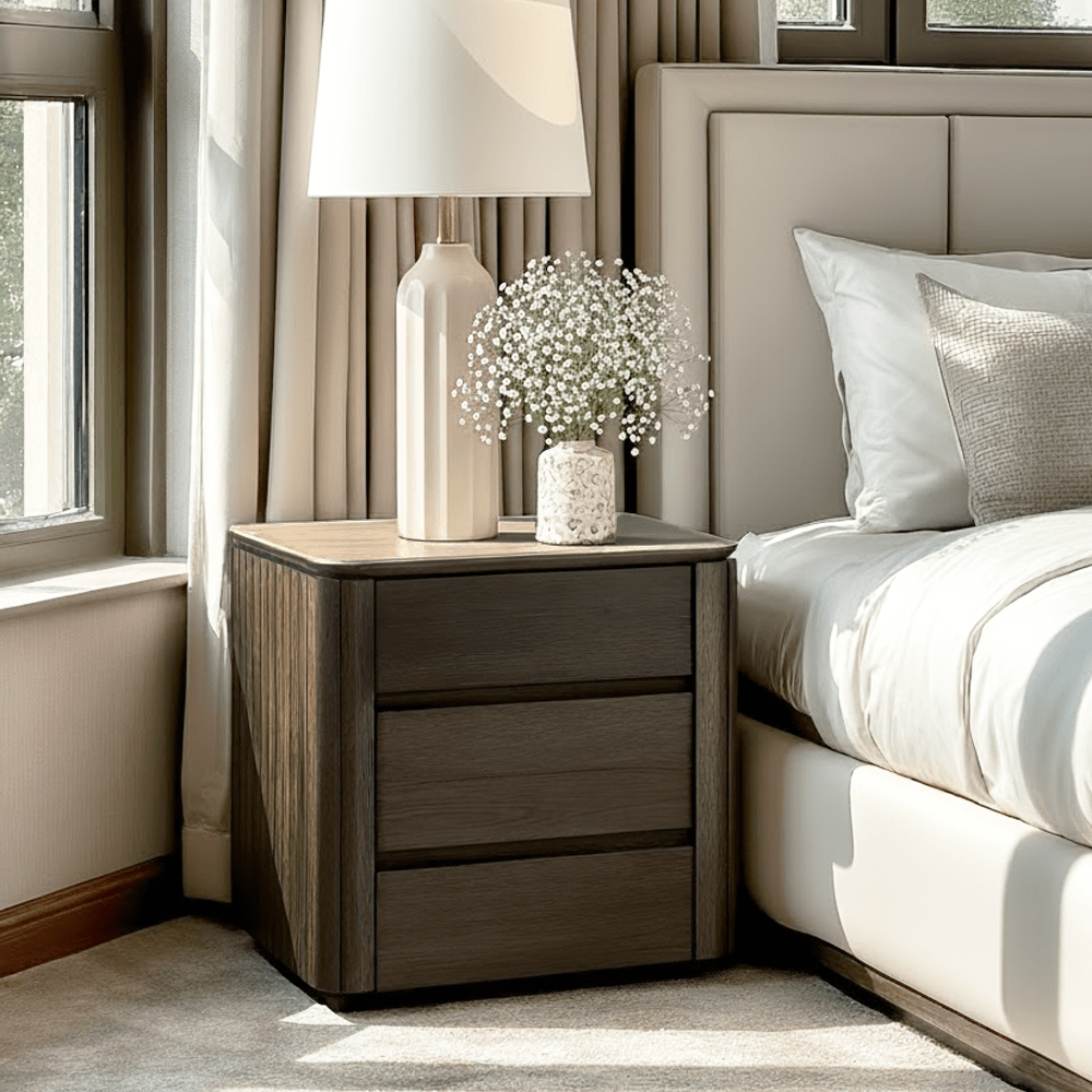 Dark Brown 3 Drawer Bedside Table with Travertine Top