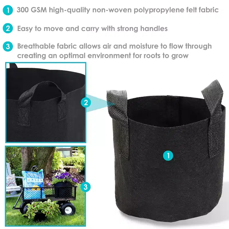 Sunnydaze Garden Grow Bag with Handles Nonwoven Polypropylene Fabric, Black, 5pc