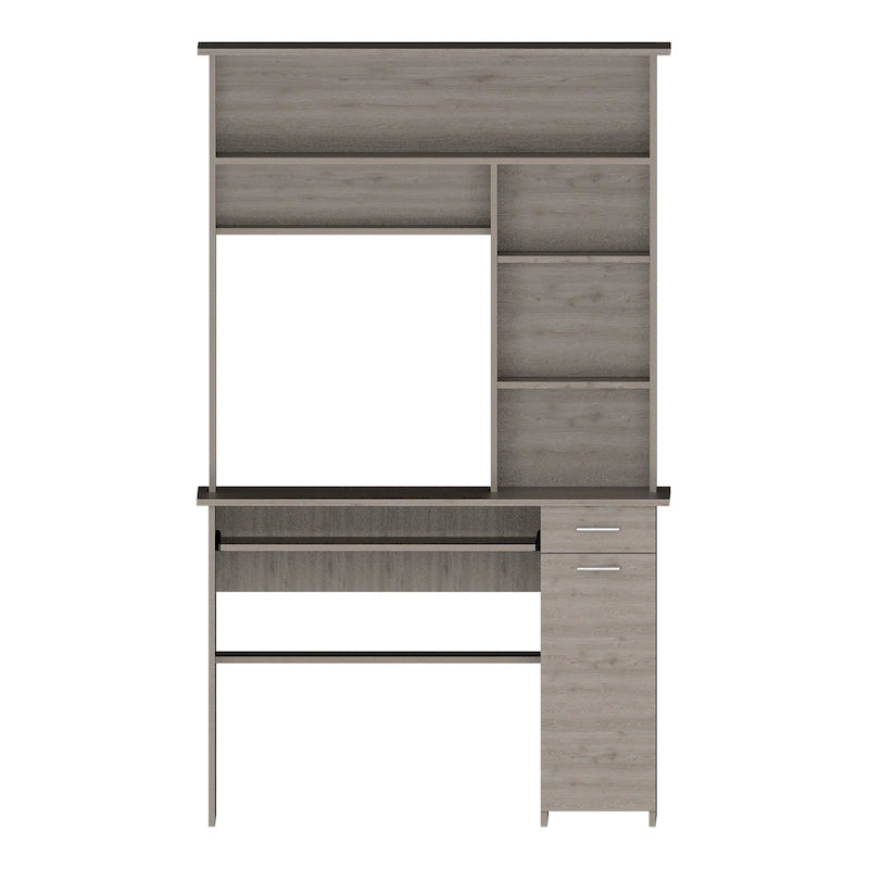 Light Grey / Dark Grey / Black Hutch Desk with 5 Shelves, Keyboard Tray, CPU Panel and Drawer for 1 Person