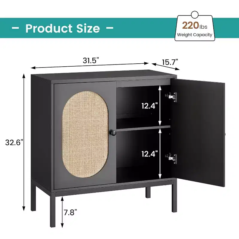 Rattan Storage Cabinet with Doors & Shelves, Wood Buffet Sideboard & Console for Living Room, Dining Room, Hallway (2pcs)