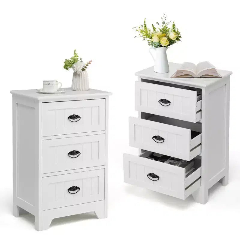 Set of 2 Nightstands with 3 Drawers, Wood Bedside End Table, White