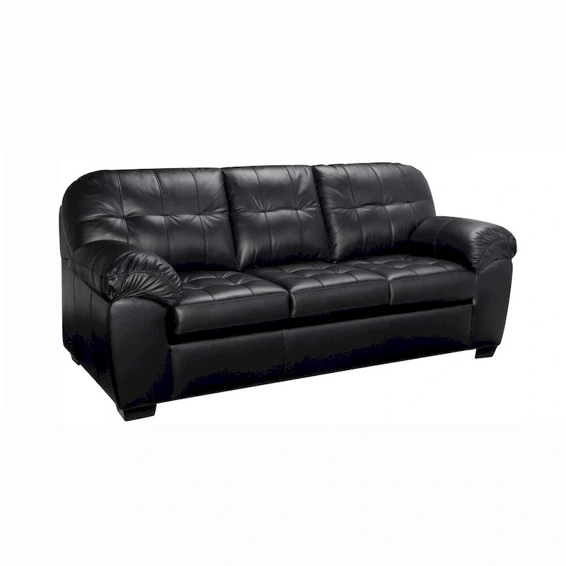 Black Top Grain Aniline Leather Tufted 3-Seater Sofa with Walnut Legs