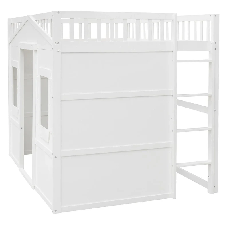 White Full Size Solid Pine Wood Loft Bed with Ladder, 400 lbs Capacity