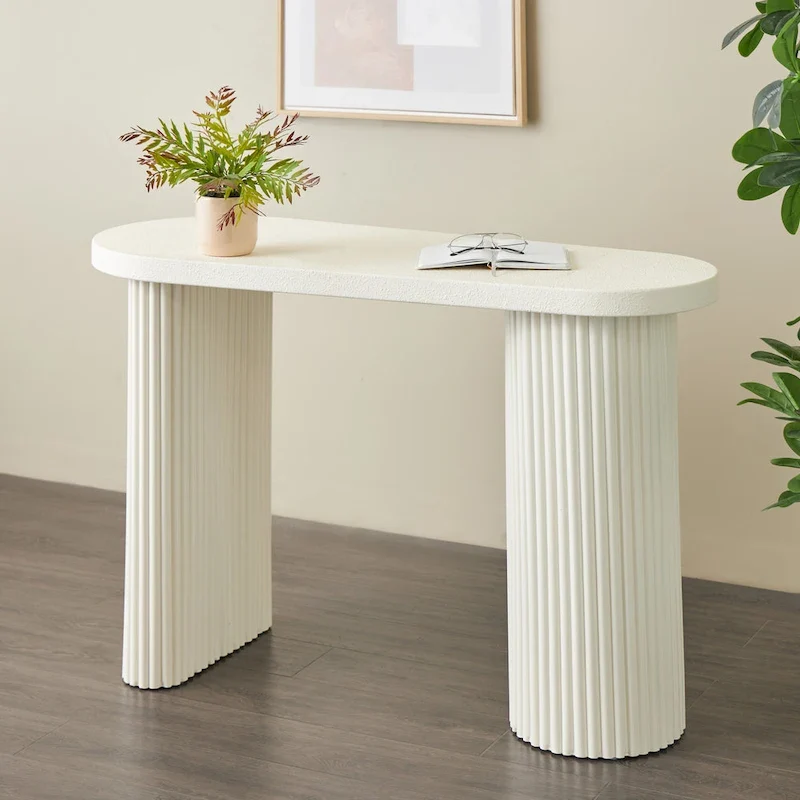 Metal Handmade Oval Console Table with Ribbed Legs - White - Roche River Decor