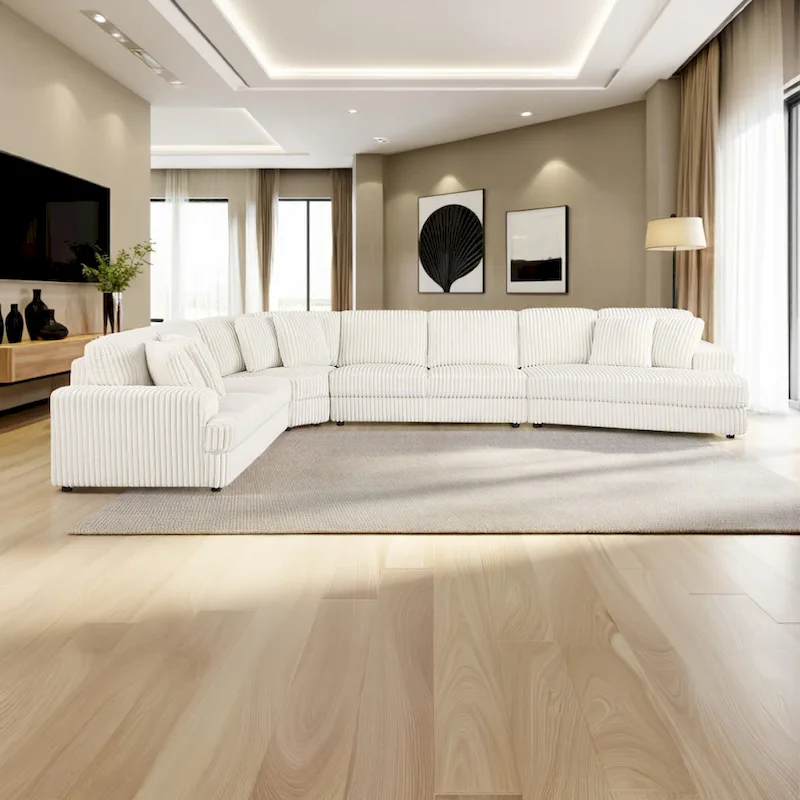 Sono 4pc Modular Sectional Sofa, 6 Accent Pillows, Channel Ivory White