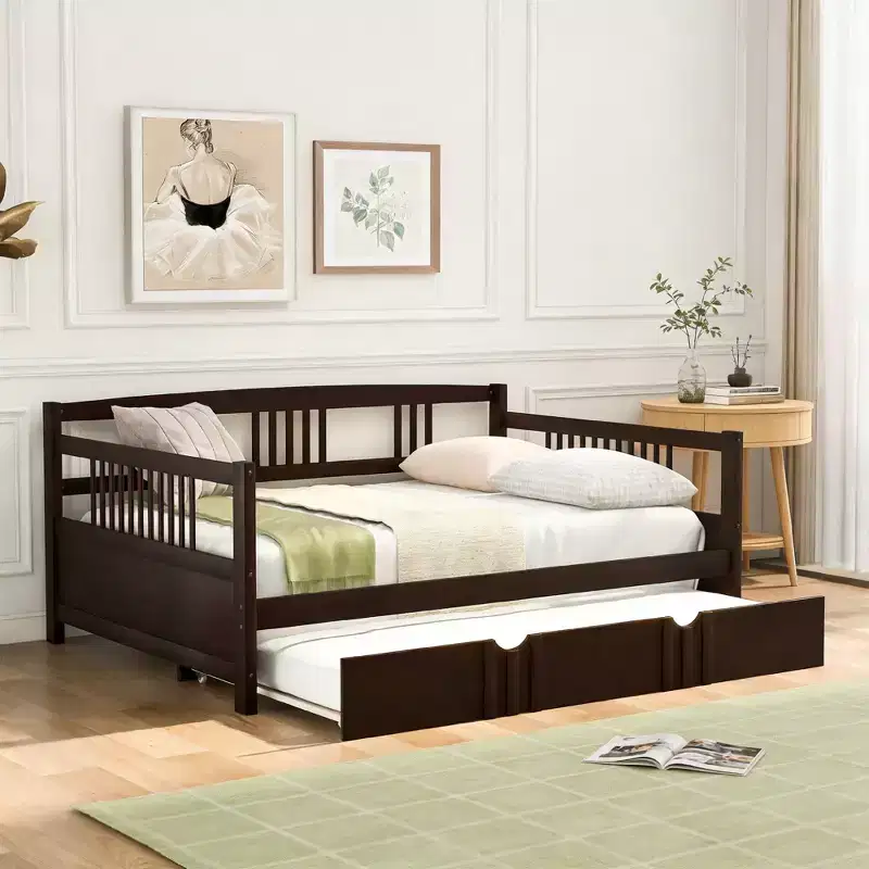 Full Size Modern Wooden Daybed with Twin Size Trundle, Pine Wood, 350 lb Capacity