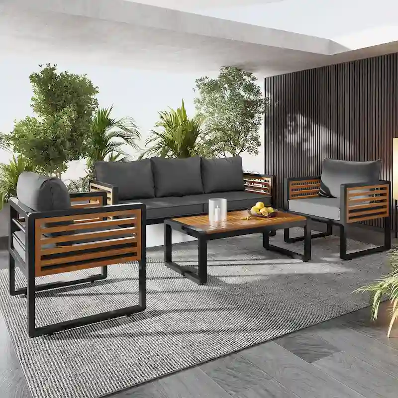 4-Piece Sofa Set, Metal and Wood Frame Sofa with Thick Cushions and Backrest, Acacia Wood Tabletop, Suitable for Outdoor Garden