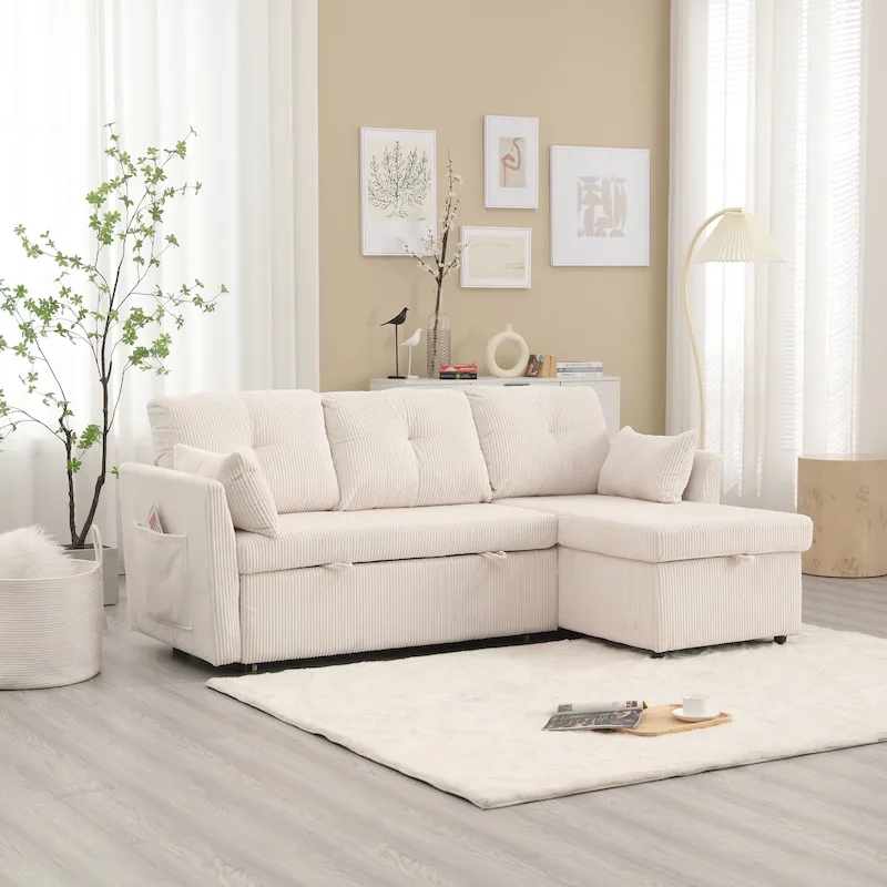 Corduroy/Chenille Upholstered L-Shaped Storage Reversible Chaise Sectional Sofa with Side Pocket