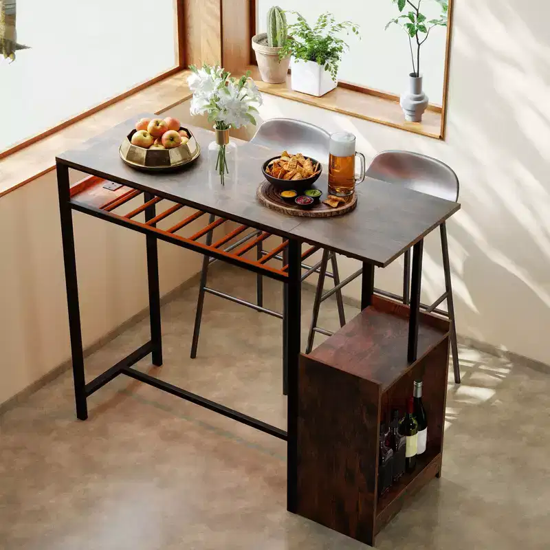 Costway Rectangular Bar Table w/ Charging Station LED Light Wine Rack 2 Rows Glass Rack