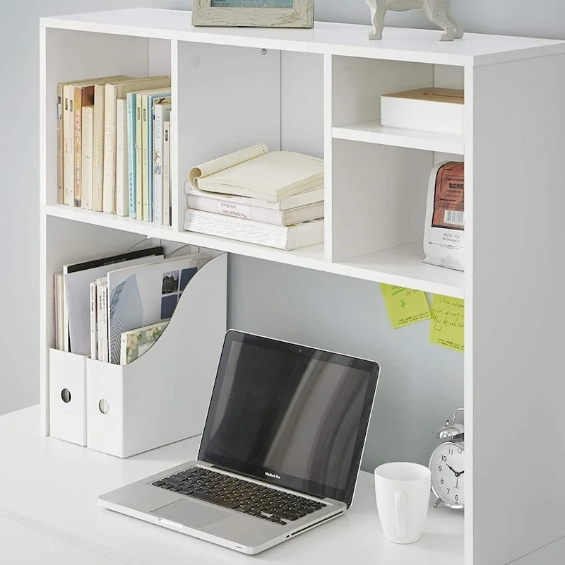White Wood Cube Desk Bookshelf with Open Storage Compartments