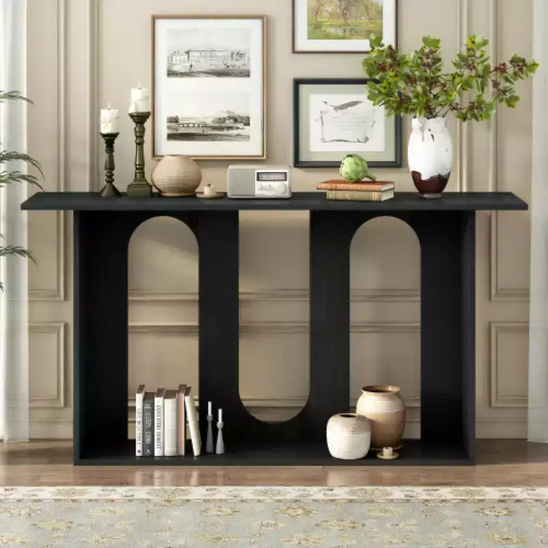 Modern Curved Design Console Tables Blue with Open Shelf, Stylish Console Tables for Entryway or Living Room Accent Storage Display