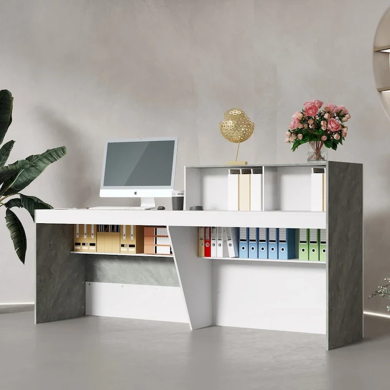 White Marble Reception Desk with Computer Surface and Storage Shelves