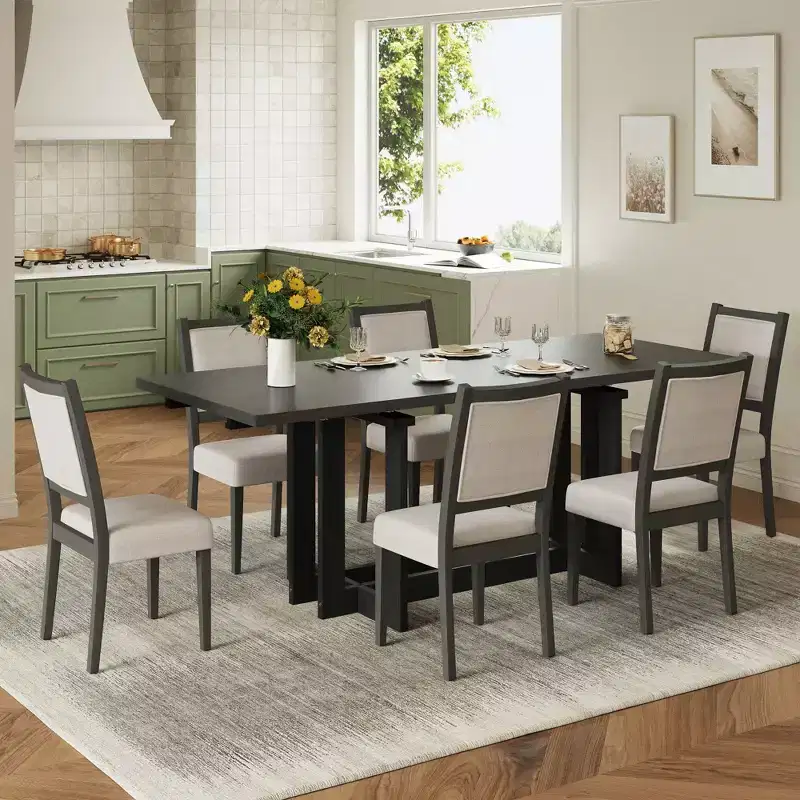 GDFStudio Elba 82 7 Piece Rubberwood Upholstered Dining Set with Trestle Extendable Table