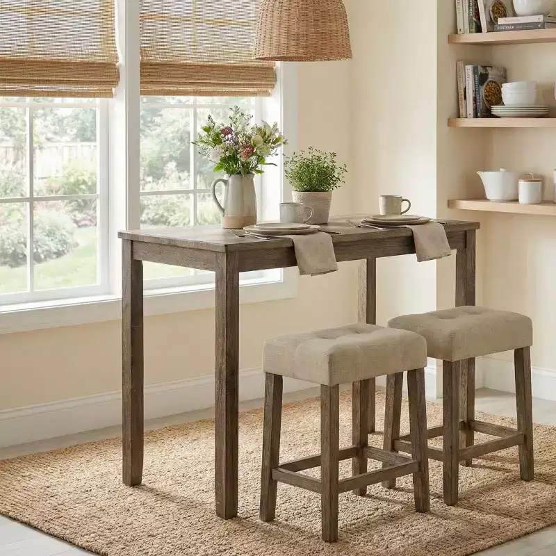 GDFStudio Bennett Transitional Wood 3-Piece Counter Height Dining Set with Biscuit-Tufted Cushioned Stools