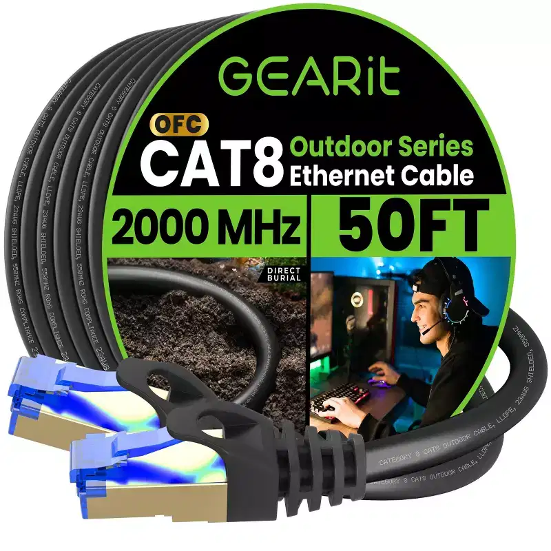 GEARit Cat8 Outdoor Ethernet Cable - Waterproof, Direct Burial, In-Ground, LLDPE, Black