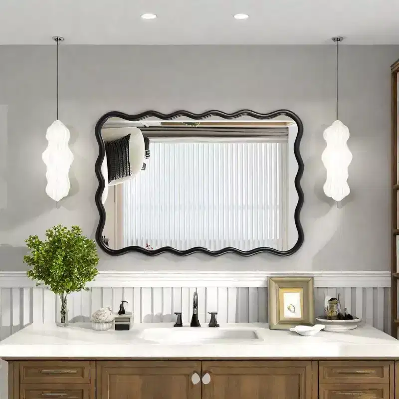 40 x 28 Wavy Solid Wood Wall Mirror, Modern Large Squiggle Rectangular Decorative Mirror for Living Room or Entryway - Panipeachy