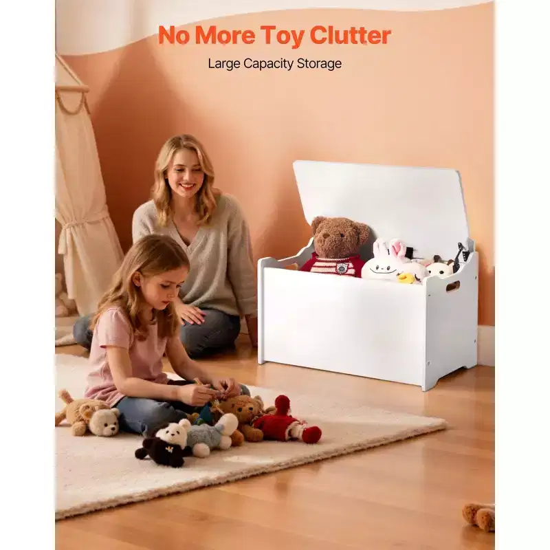 VIYET 21 Wooden Kids Storage Bench - Backrest, Safety Hinge, Large Capacity,White