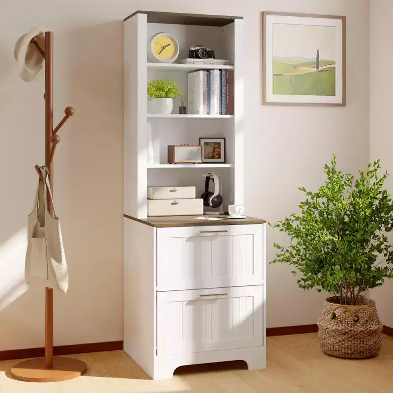 72 Tall Wooden Farmhouse Bookshelf with 2 Adjustable Shelves & 2 File Drawers, Storage Cabinet for Home Office, Living Room
