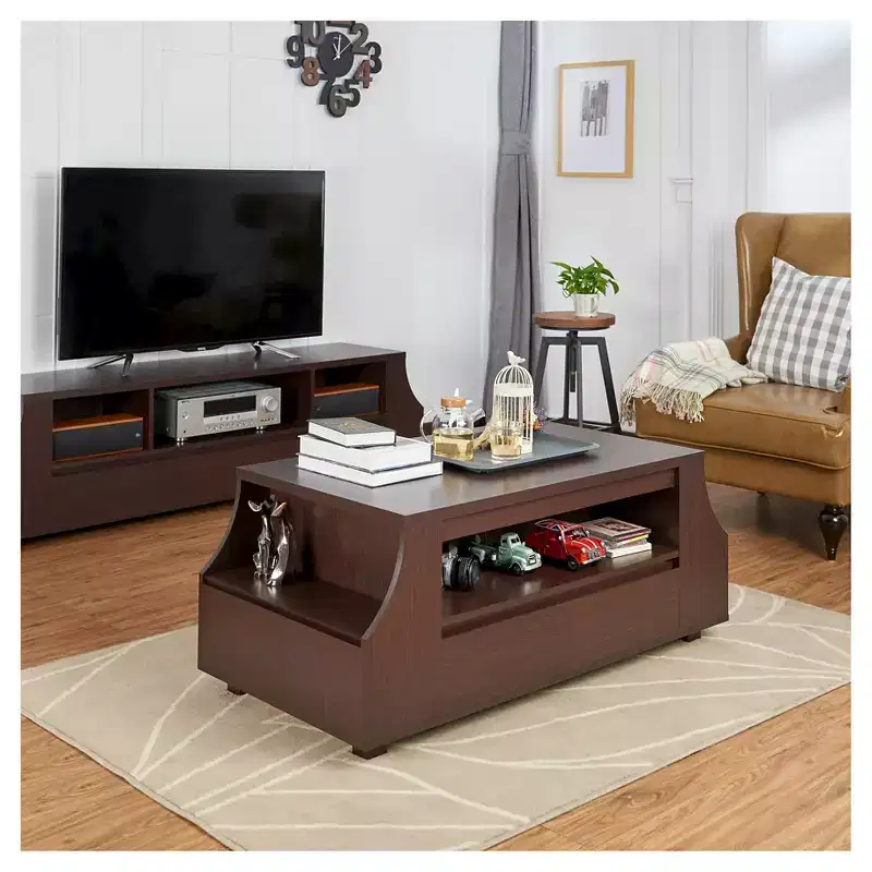 Carmona Contemporary Coffee Table �C Walnut, Hidden Drawers & Side Shelves