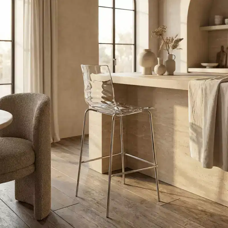 LeisureMod Astor Modern Plastic Bar Stool with Chrome Steel Base Counter Stool with Ripple Swirl Seat Design and Footrest for Kitchen and Dining Room