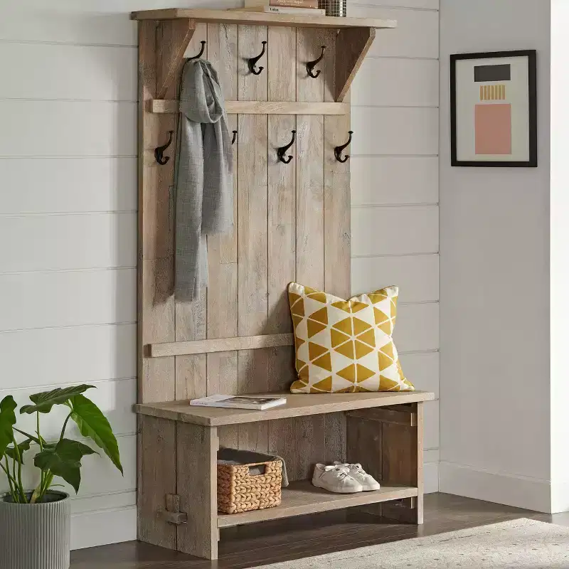 70" Hall Tree with 7 Hooks, Driftwood Finish, Solid Mango Wood