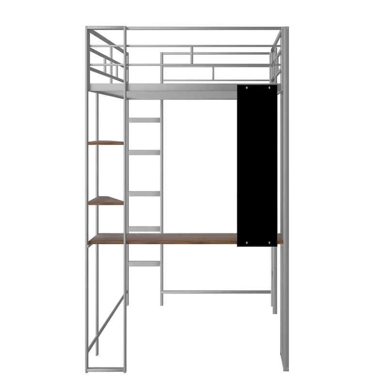 Twin Size Metal Loft Bed with Ladder, Fence, Shelves and Desk