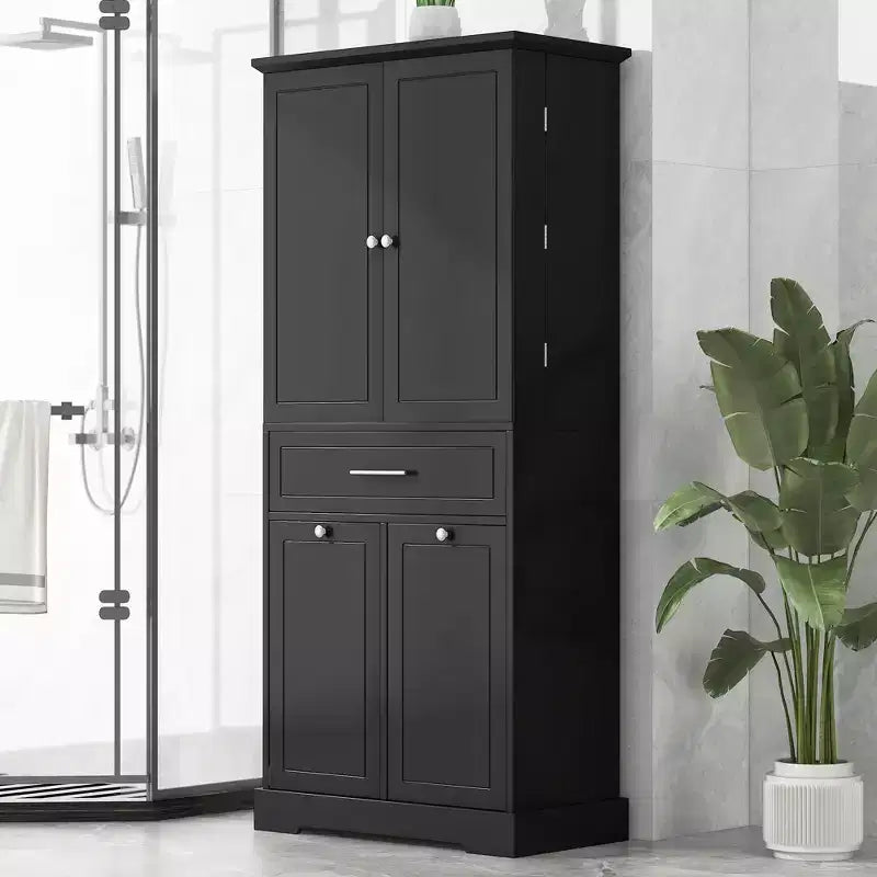 Tall Bathroom Storage Cabinet with Tilt-Out Laundry Hamper and Adjustable Shelf