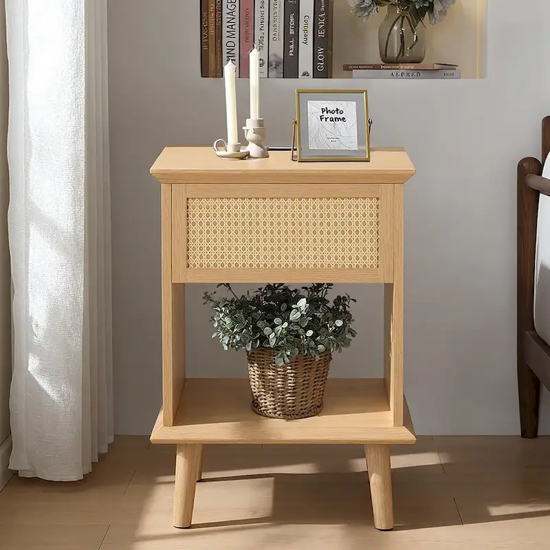 Chelsea Square Teagan Rattan Accent Side Table with Drawer Storage, Charging Station, & LED Touch Light - 15.25x23.75