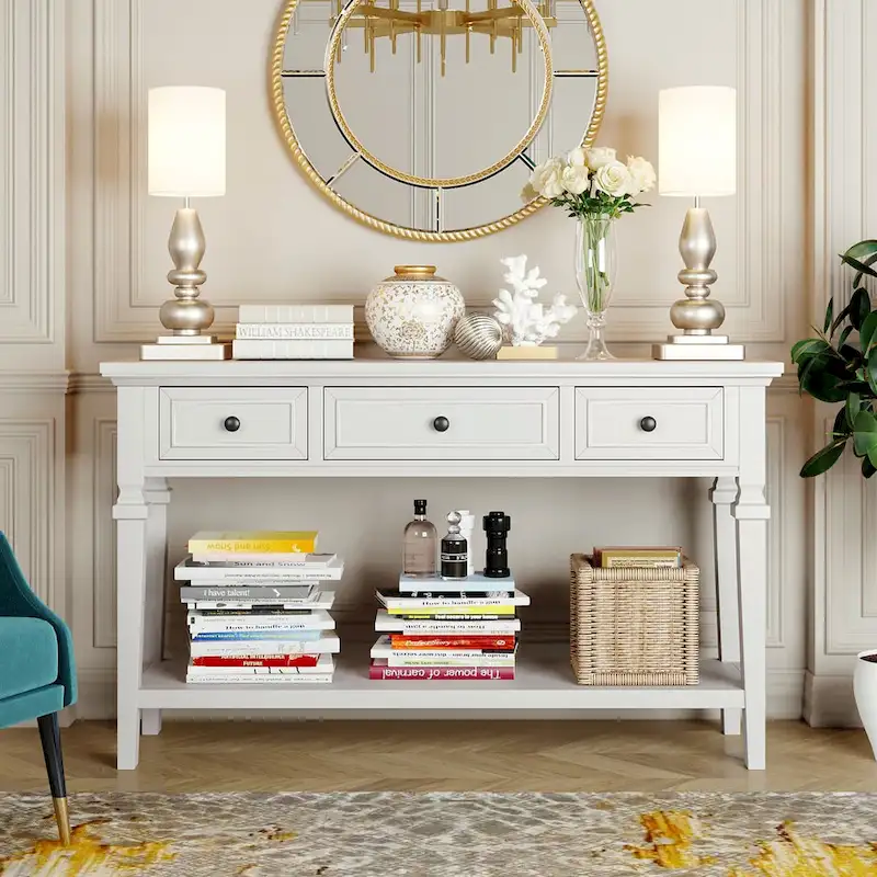 50 Farmhouse 50 Inch Classic Retro Console Three Top Drawers and Open Style Bottom Shelf, Sofa Table with Solid Wooden Frame